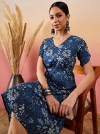 InWeave Indigo Floral Print Angrakha V Neck Belted A Line Dress | Grocsy
