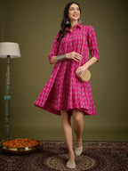 InWeave Fuchsia Ikkat Kantha Collar Flared Dress | Grocsy