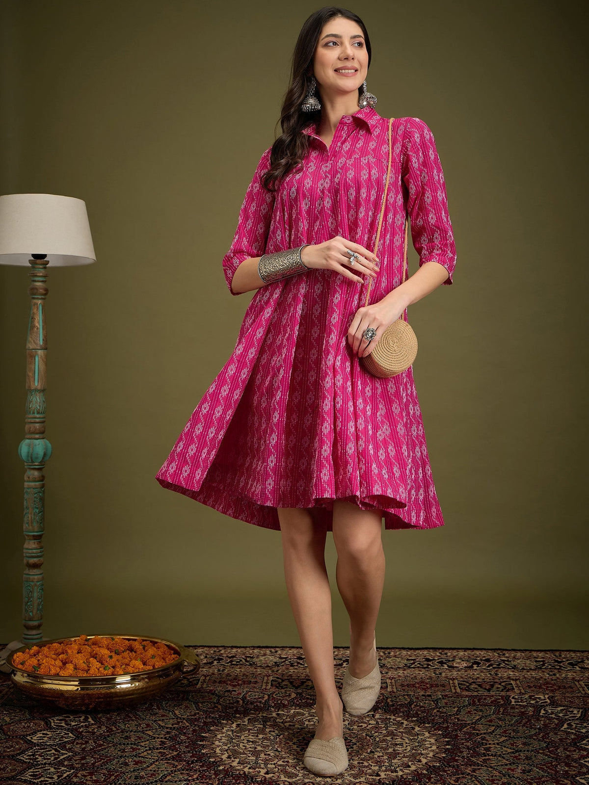 InWeave Fuchsia Ikkat Kantha Collar Flared Dress | Grocsy