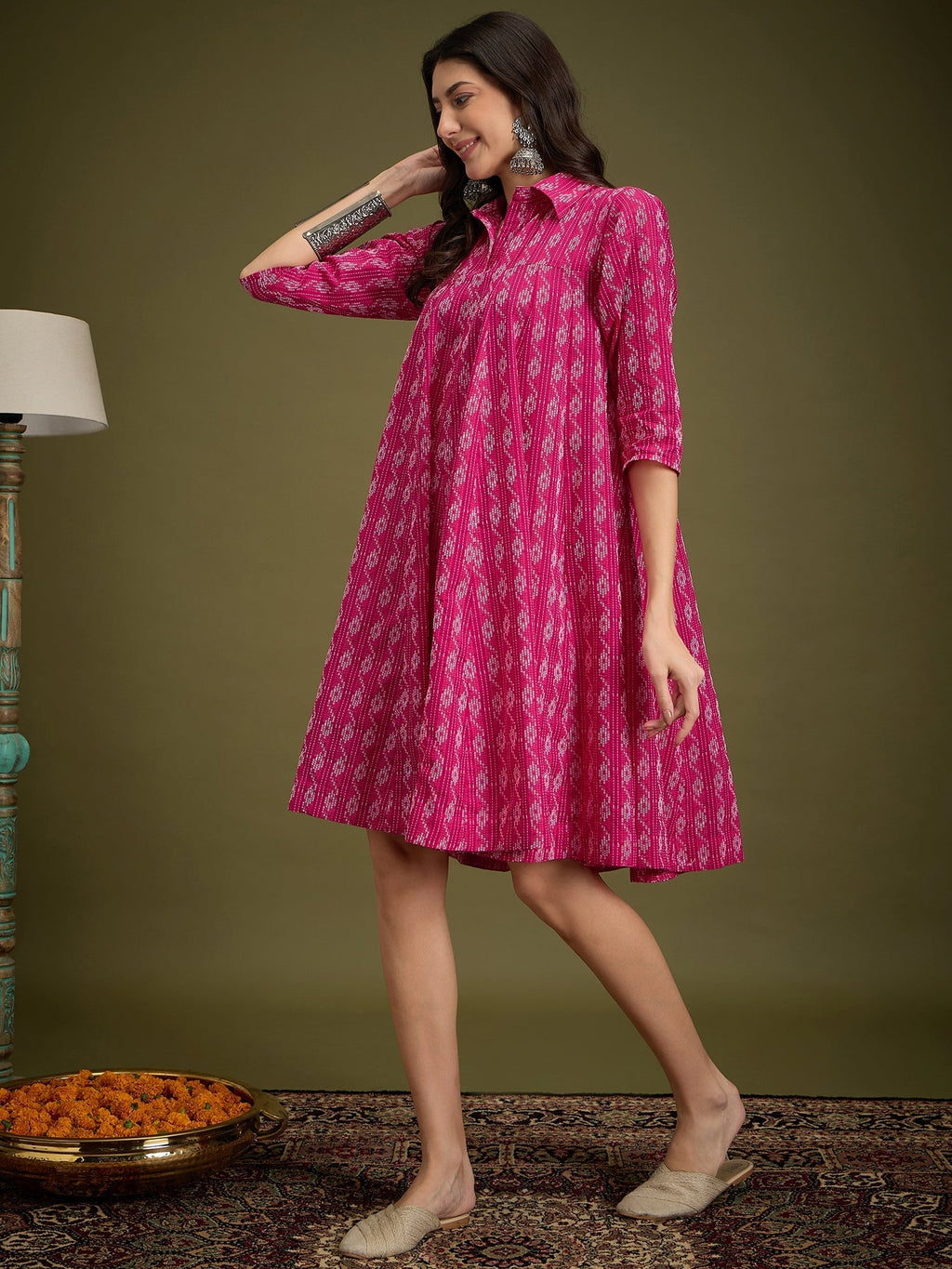 InWeave Fuchsia Ikkat Kantha Collar Flared Dress | Grocsy