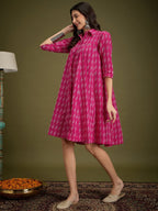 InWeave Fuchsia Ikkat Kantha Collar Flared Dress | Grocsy