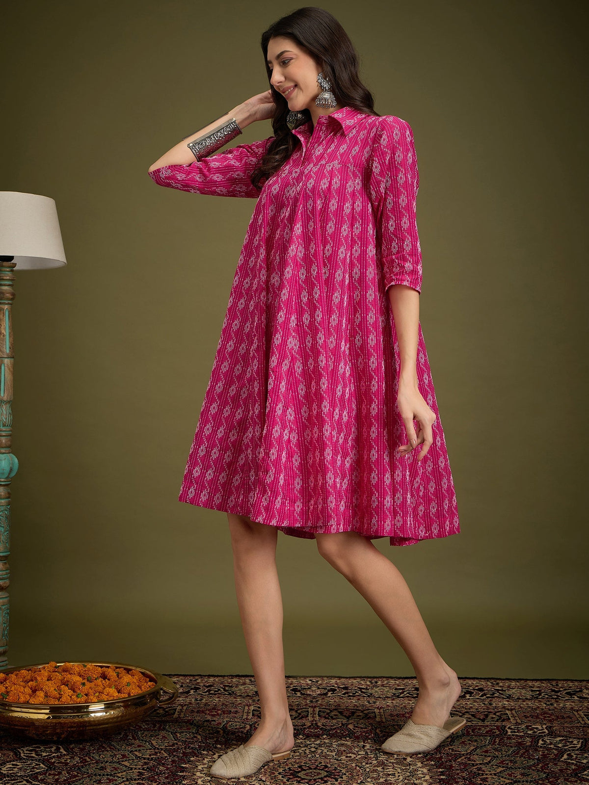 InWeave Fuchsia Ikkat Kantha Collar Flared Dress | Grocsy
