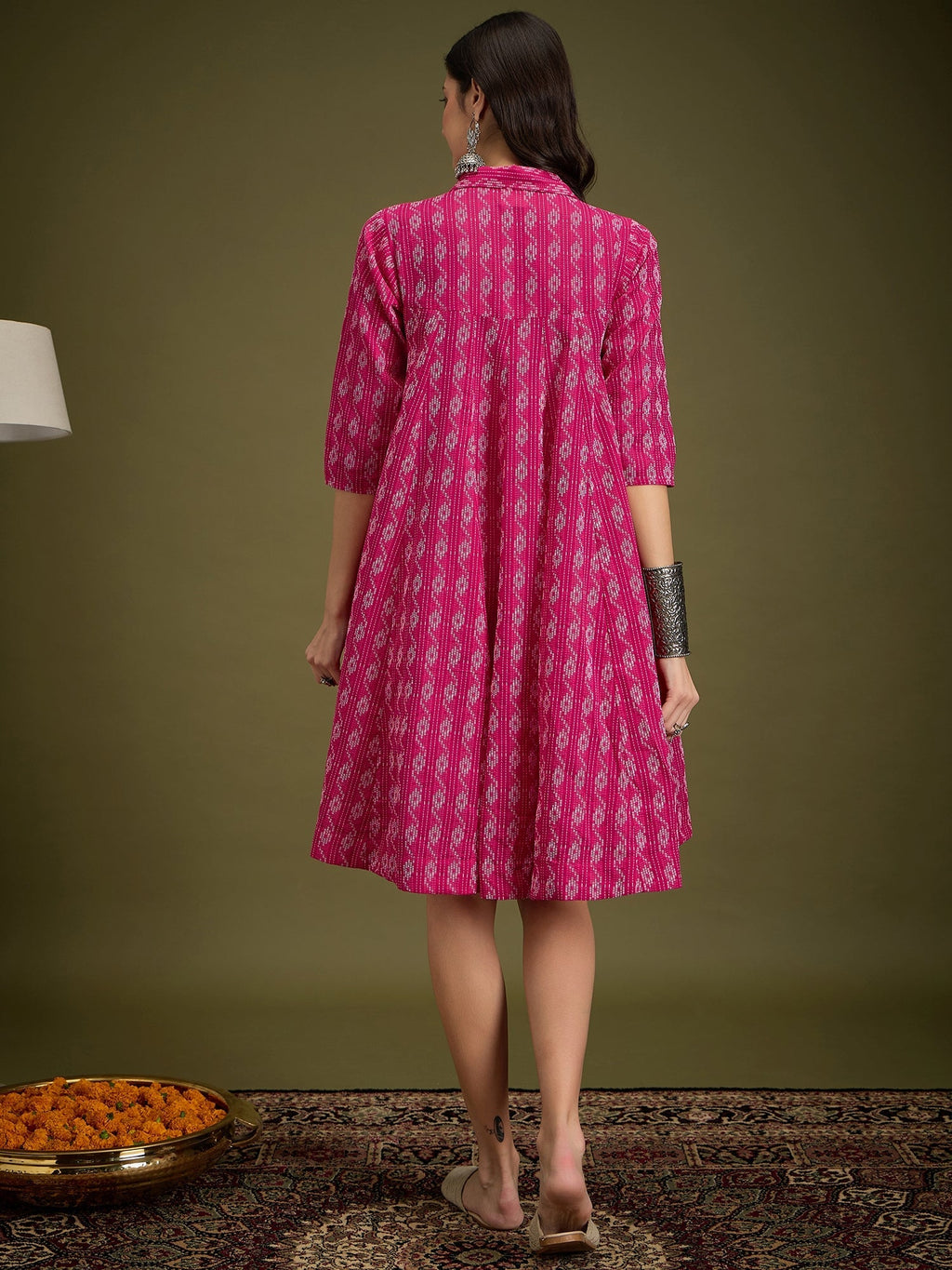 InWeave Fuchsia Ikkat Kantha Collar Flared Dress | Grocsy