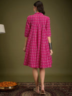 InWeave Fuchsia Ikkat Kantha Collar Flared Dress | Grocsy