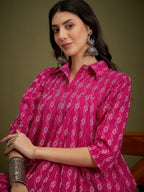 InWeave Fuchsia Ikkat Kantha Collar Flared Dress | Grocsy