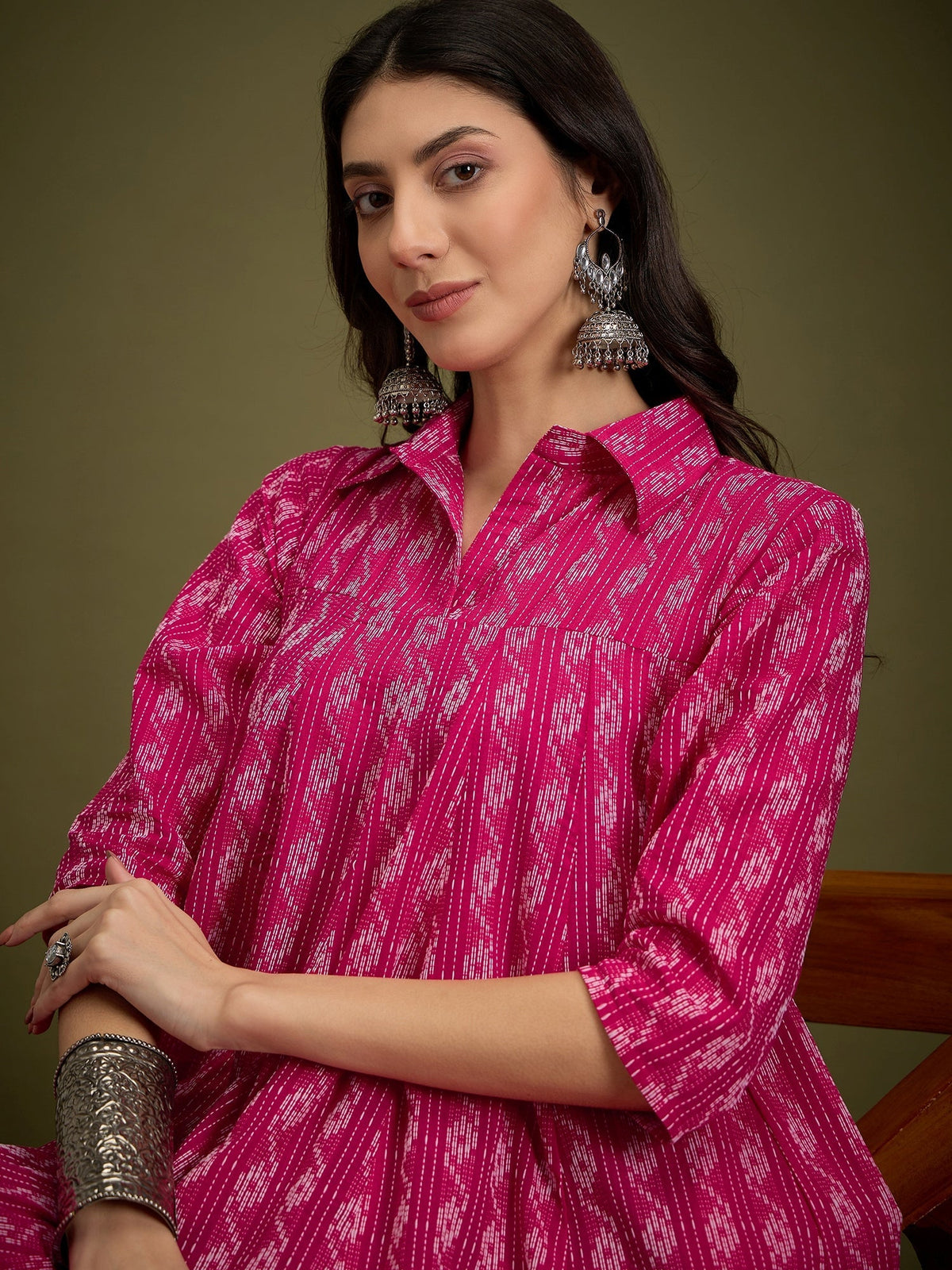 InWeave Fuchsia Ikkat Kantha Collar Flared Dress | Grocsy
