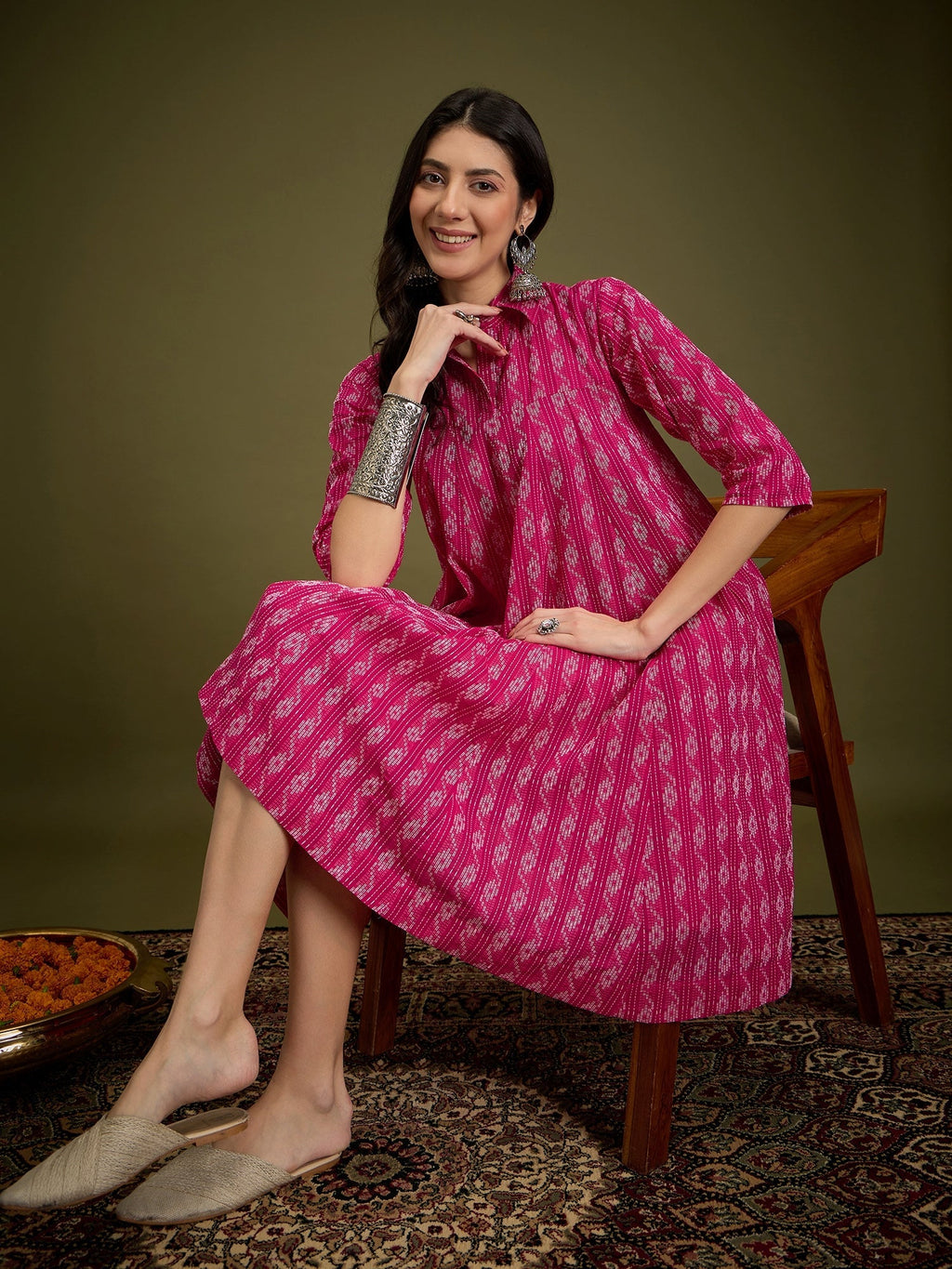 InWeave Fuchsia Ikkat Kantha Collar Flared Dress | Grocsy
