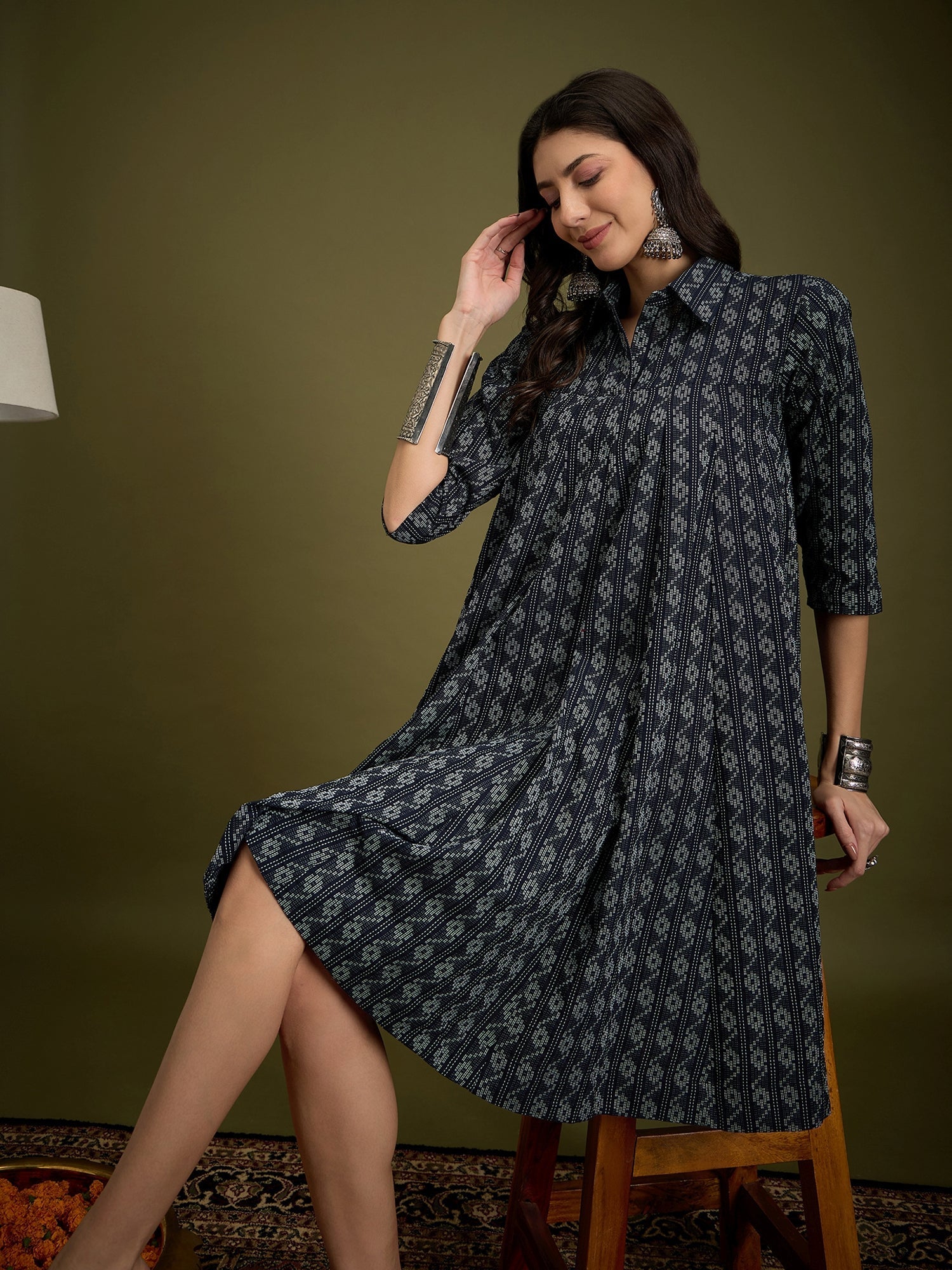 InWeave Black Ikkat Kantha Collar Flared Dress | Grocsy
