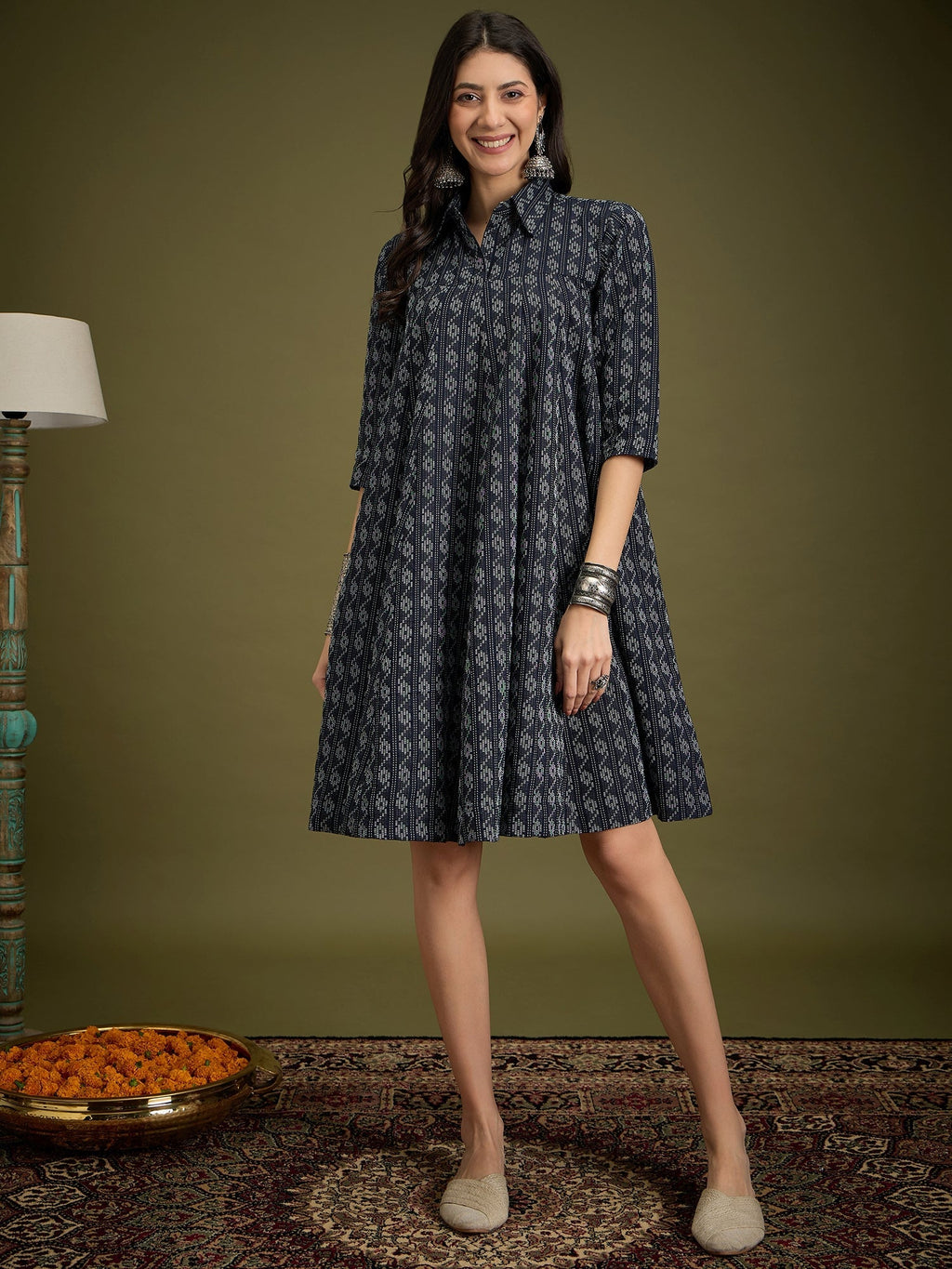 InWeave Black Ikkat Kantha Collar Flared Dress | Grocsy