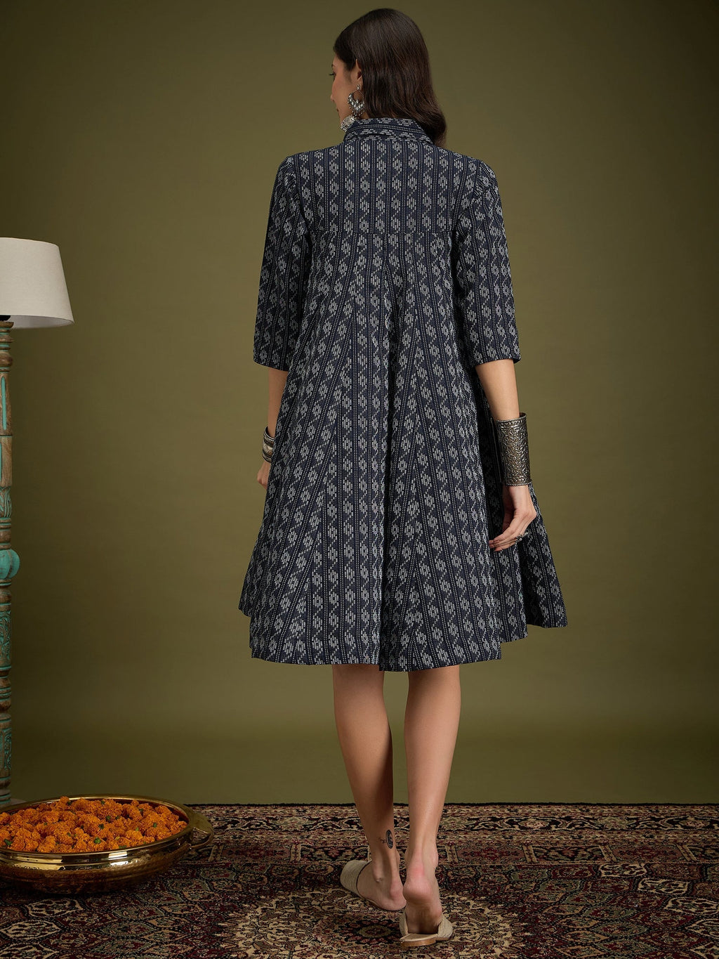 InWeave Black Ikkat Kantha Collar Flared Dress | Grocsy