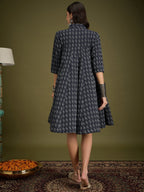 InWeave Black Ikkat Kantha Collar Flared Dress | Grocsy