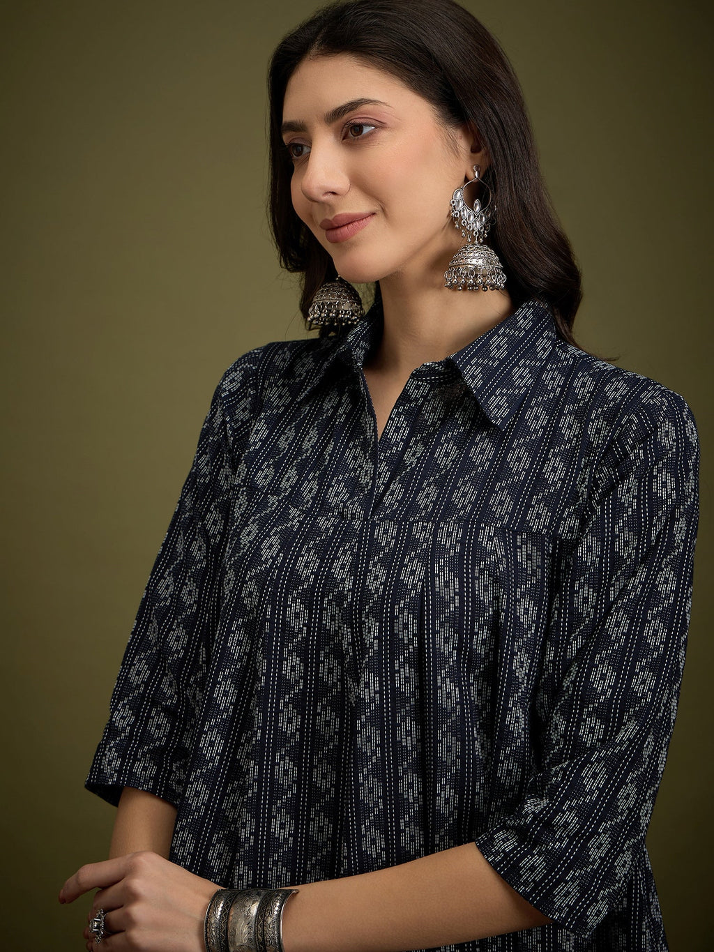 InWeave Black Ikkat Kantha Collar Flared Dress | Grocsy