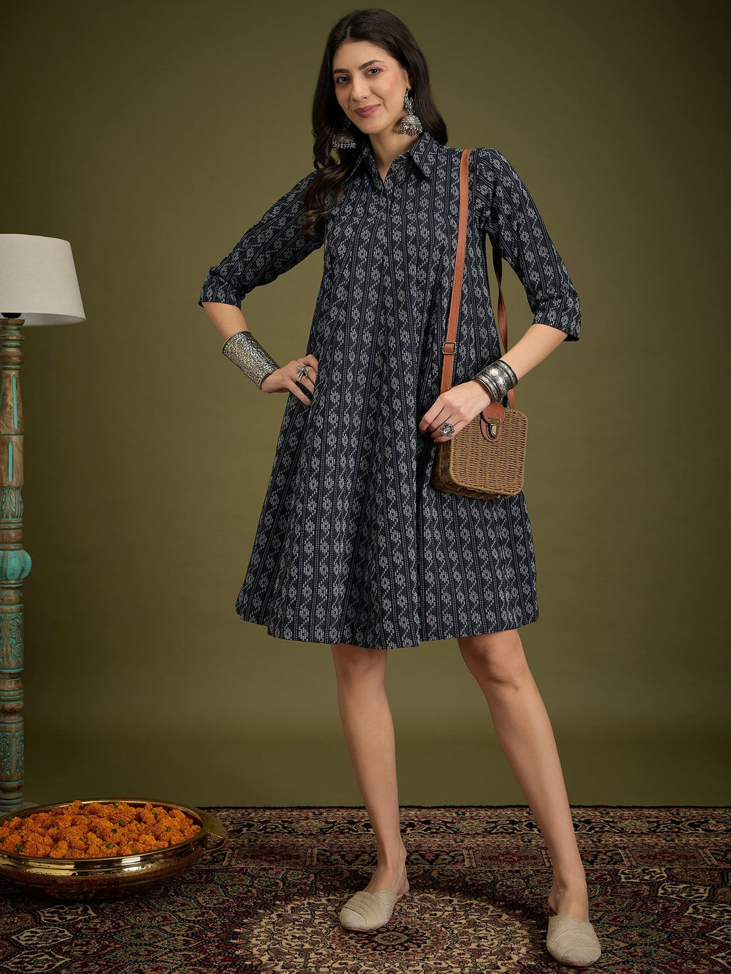 InWeave Black Ikkat Kantha Collar Flared Dress | Grocsy