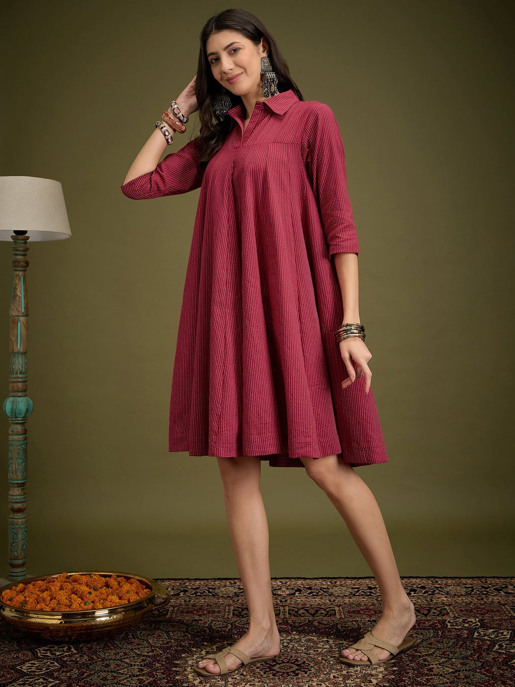 InWeave Maroon Kantha Collar Flared Dress | Grocsy
