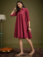 InWeave Maroon Kantha Collar Flared Dress | Grocsy
