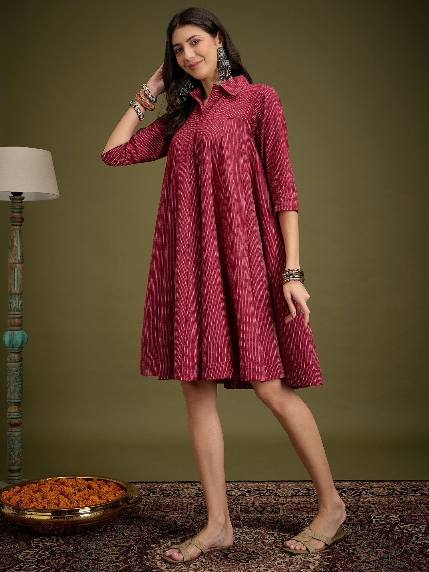 InWeave Maroon Kantha Collar Flared Dress | Grocsy