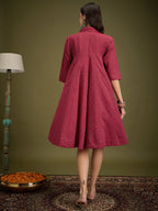 InWeave Maroon Kantha Collar Flared Dress | Grocsy