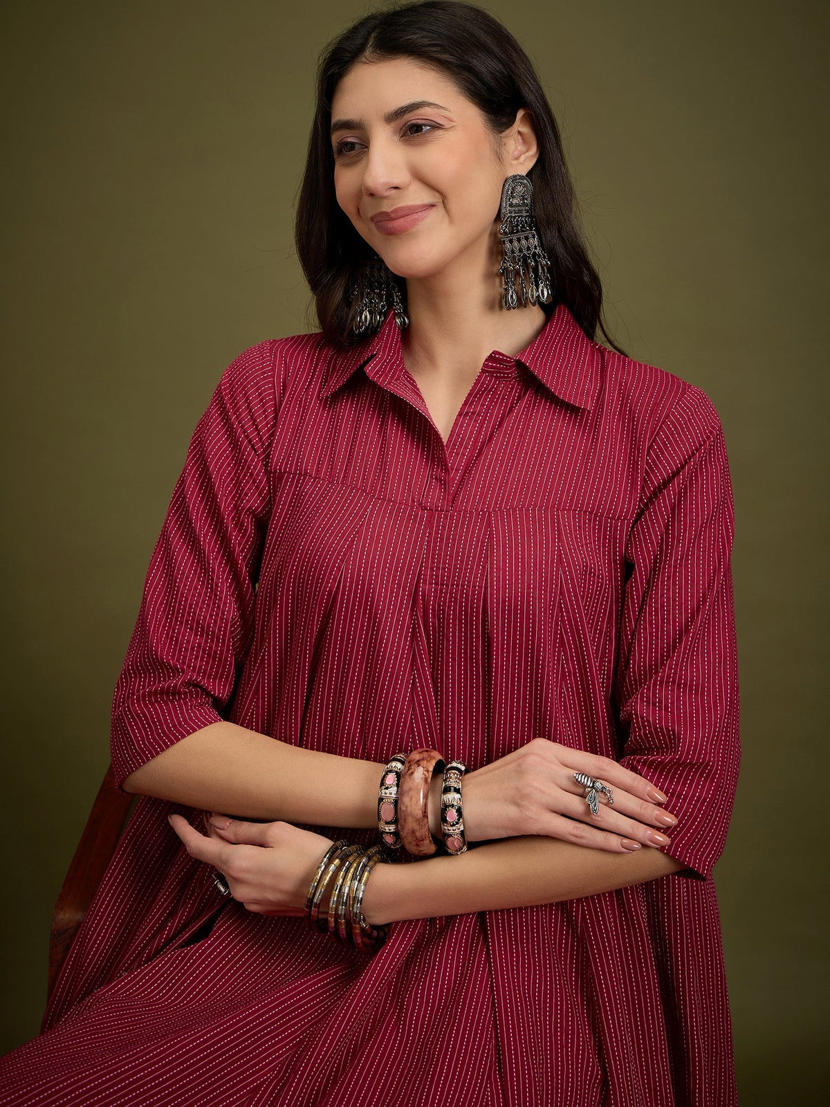 InWeave Maroon Kantha Collar Flared Dress | Grocsy