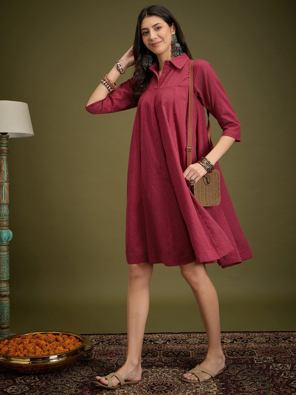 InWeave Maroon Kantha Collar Flared Dress | Grocsy