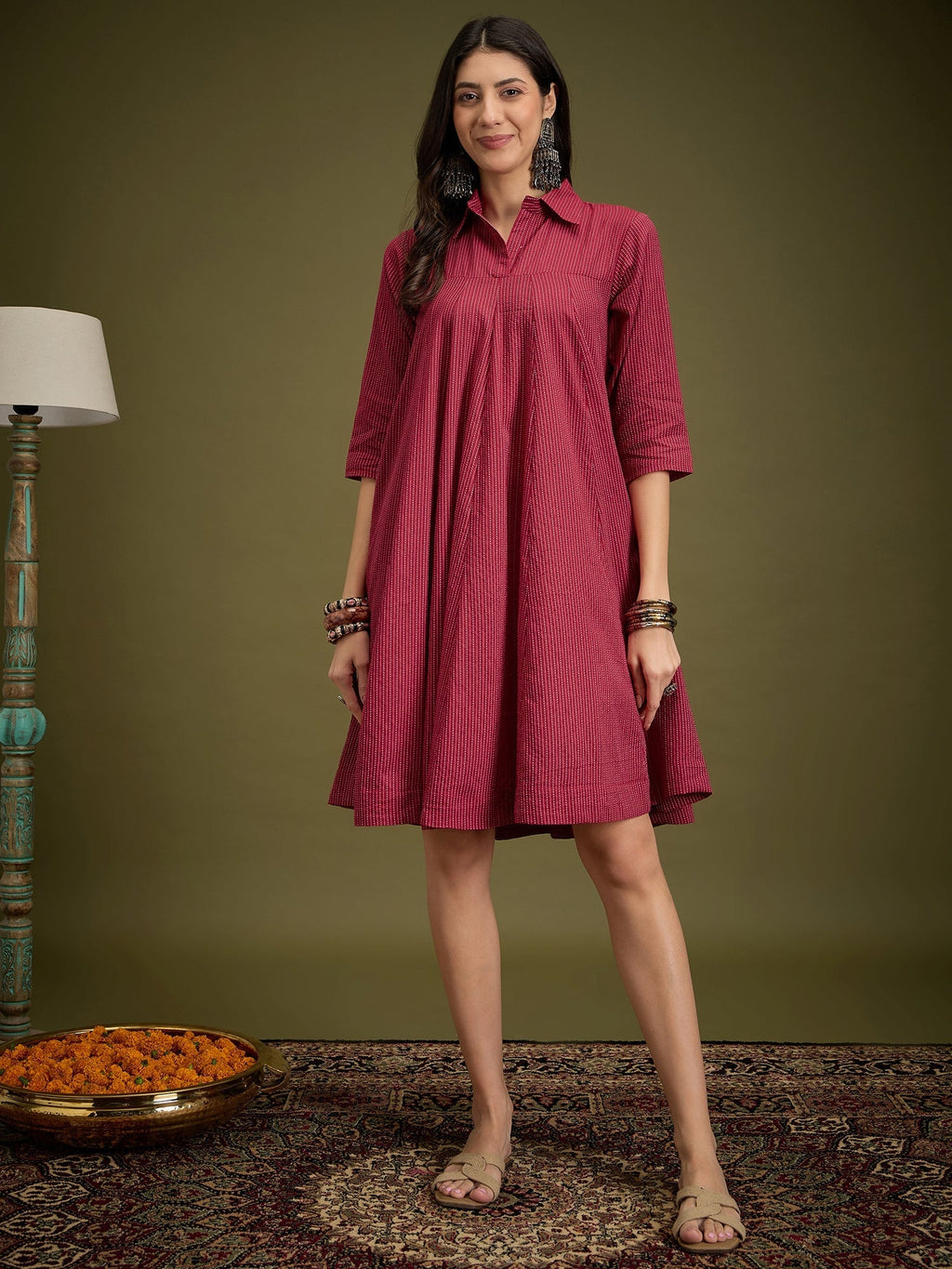 InWeave Maroon Kantha Collar Flared Dress | Grocsy