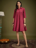 InWeave Maroon Kantha Collar Flared Dress | Grocsy