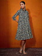 InWeave Black White Leaf Print Flared Dress | Grocsy