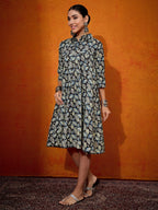 InWeave Black White Leaf Print Flared Dress | Grocsy