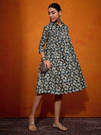 InWeave Black White Leaf Print Flared Dress | Grocsy