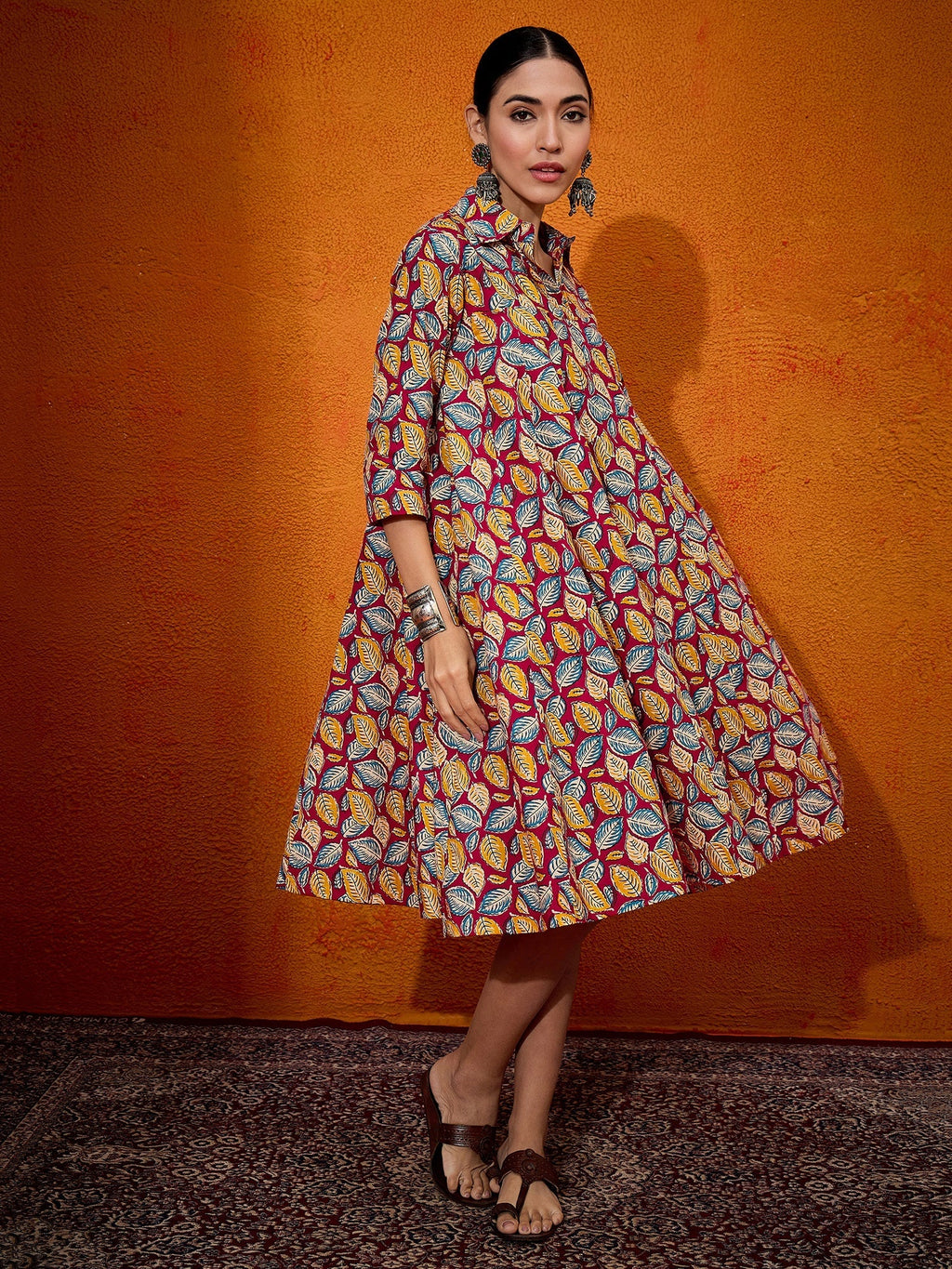 InWeave Maroon Yellow Blue Leaf Print Flared Dress | Grocsy