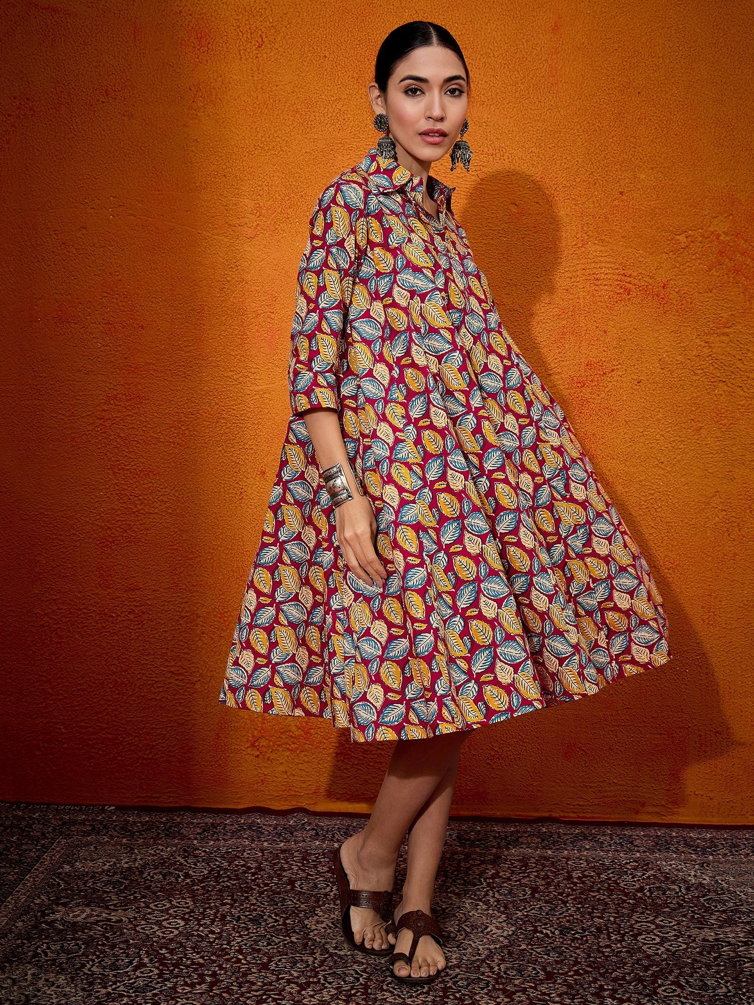 InWeave Maroon Yellow Blue Leaf Print Flared Dress | Grocsy