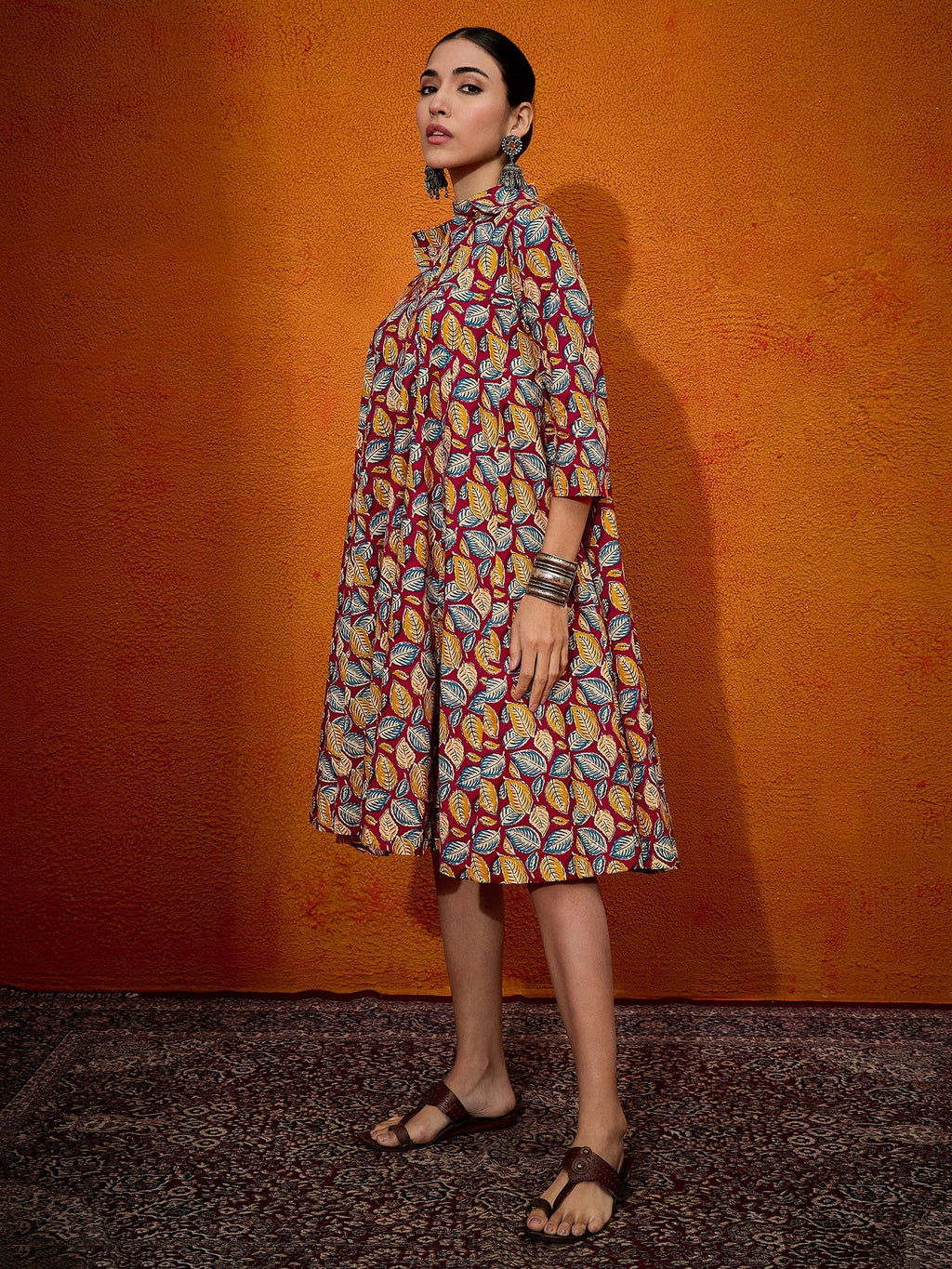 InWeave Maroon Yellow Blue Leaf Print Flared Dress | Grocsy