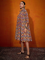 InWeave Maroon Yellow Blue Leaf Print Flared Dress | Grocsy