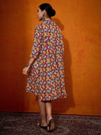 InWeave Maroon Yellow Blue Leaf Print Flared Dress | Grocsy