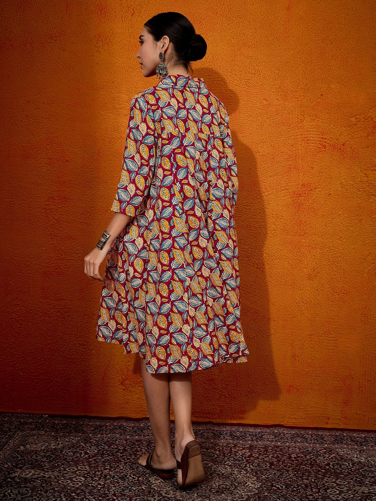 InWeave Maroon Yellow Blue Leaf Print Flared Dress | Grocsy