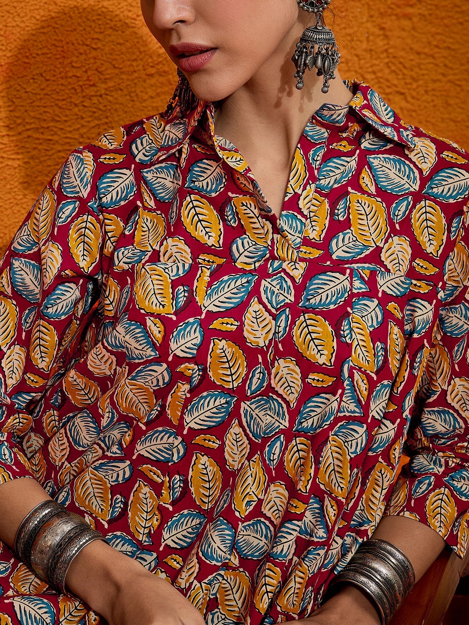 InWeave Maroon Yellow Blue Leaf Print Flared Dress | Grocsy