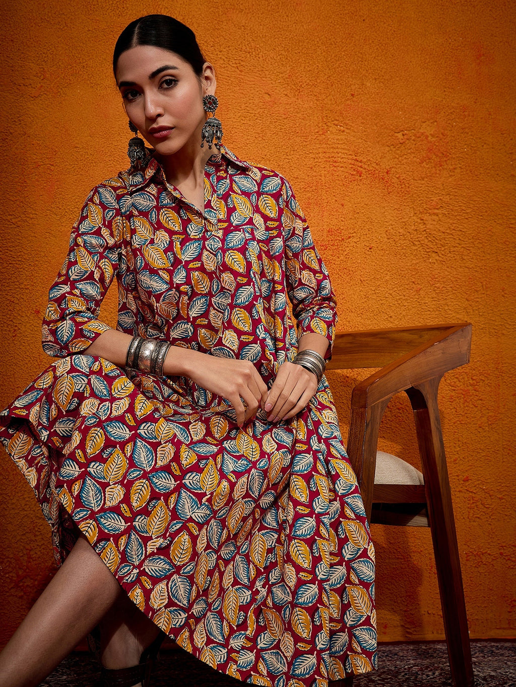 InWeave Maroon Yellow Blue Leaf Print Flared Dress | Grocsy