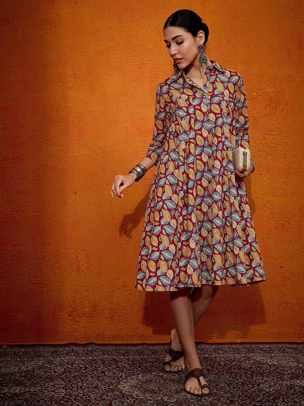 InWeave Maroon Yellow Blue Leaf Print Flared Dress | Grocsy