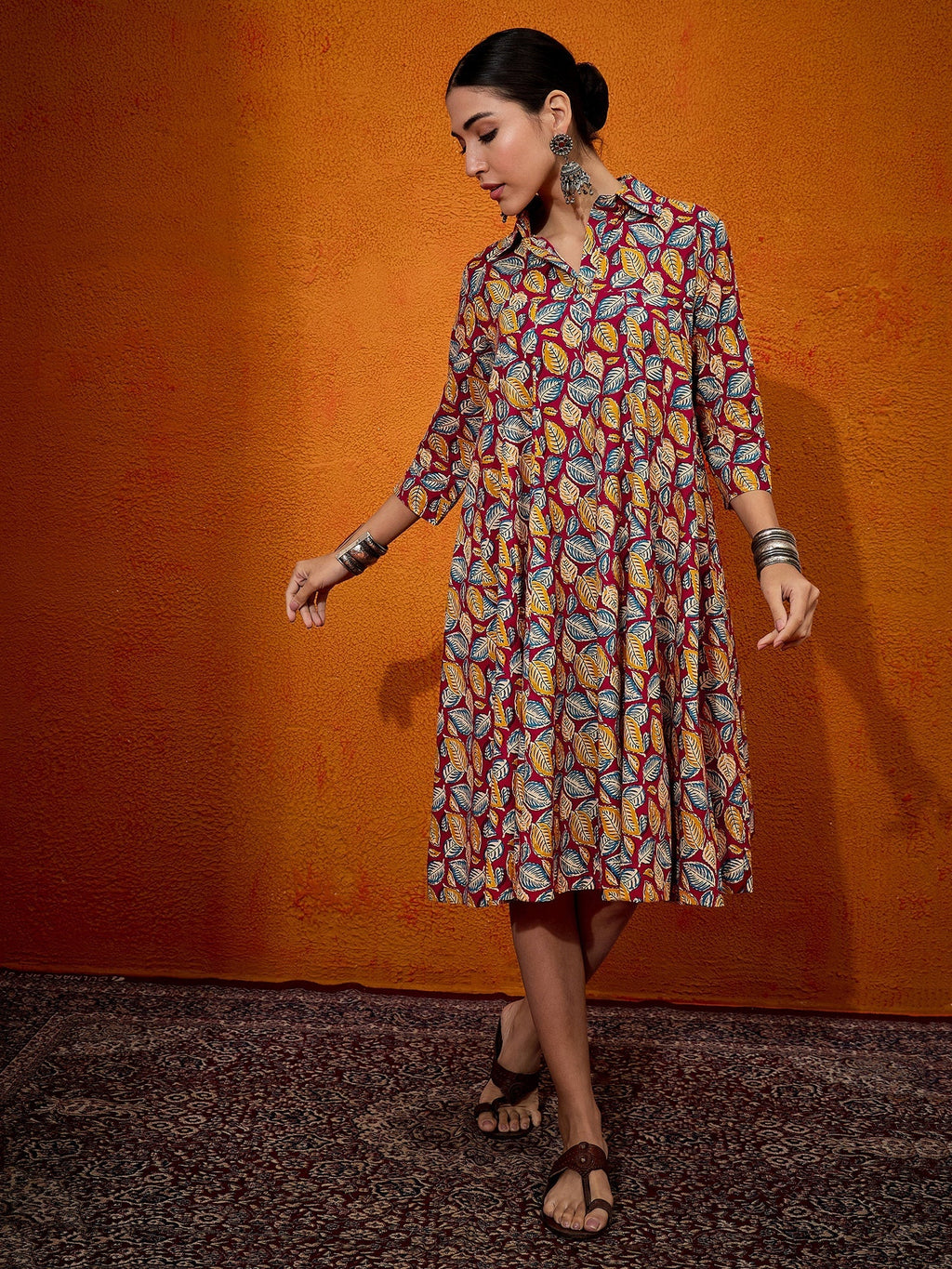 InWeave Maroon Yellow Blue Leaf Print Flared Dress | Grocsy