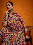 InWeave Maroon Yellow Blue Leaf Print Flared Dress | Grocsy