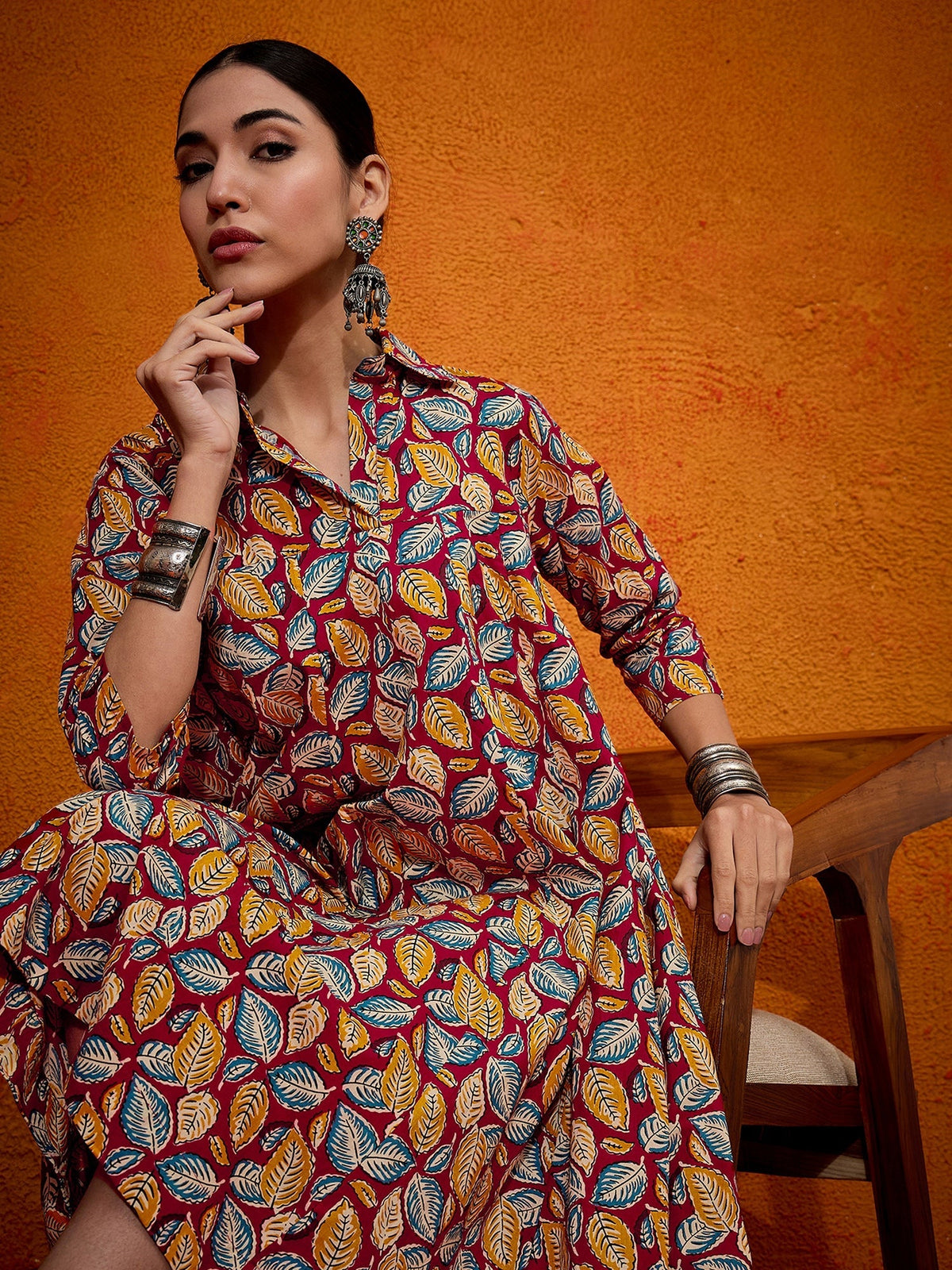 InWeave Maroon Yellow Blue Leaf Print Flared Dress | Grocsy