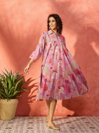 InWeave Dull Pink Window Floral Flared Collar Dress | Grocsy
