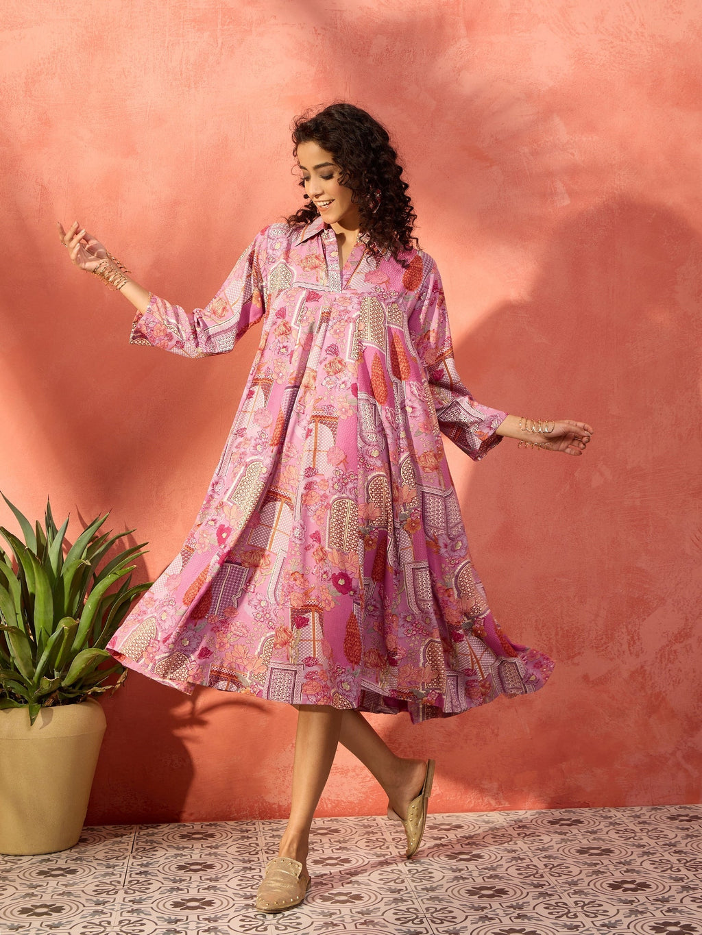 InWeave Dull Pink Window Floral Flared Collar Dress | Grocsy