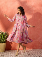 InWeave Dull Pink Window Floral Flared Collar Dress | Grocsy