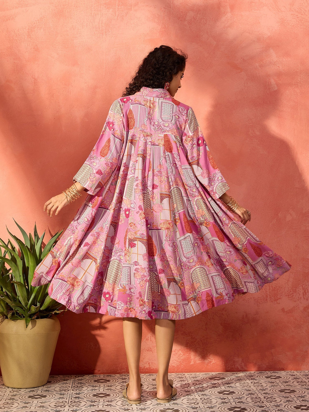 InWeave Dull Pink Window Floral Flared Collar Dress | Grocsy