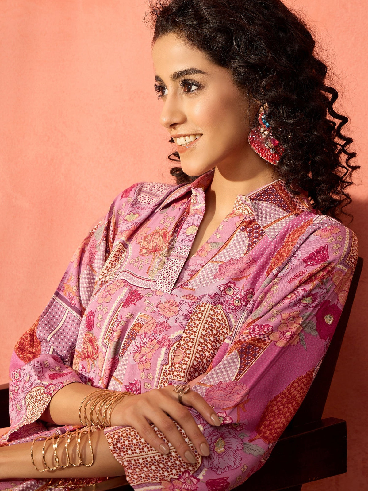 InWeave Dull Pink Window Floral Flared Collar Dress | Grocsy