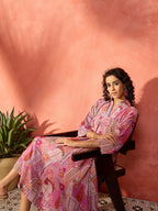 InWeave Dull Pink Window Floral Flared Collar Dress | Grocsy