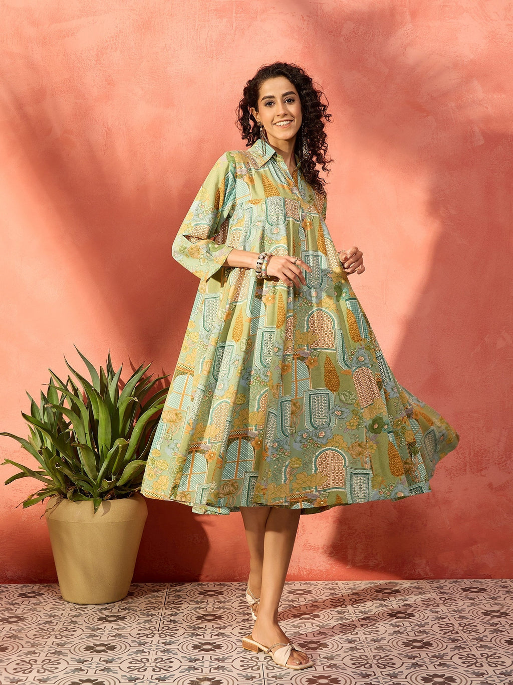 InWeave Pear Green Window Floral Flared Collar Dress | Grocsy