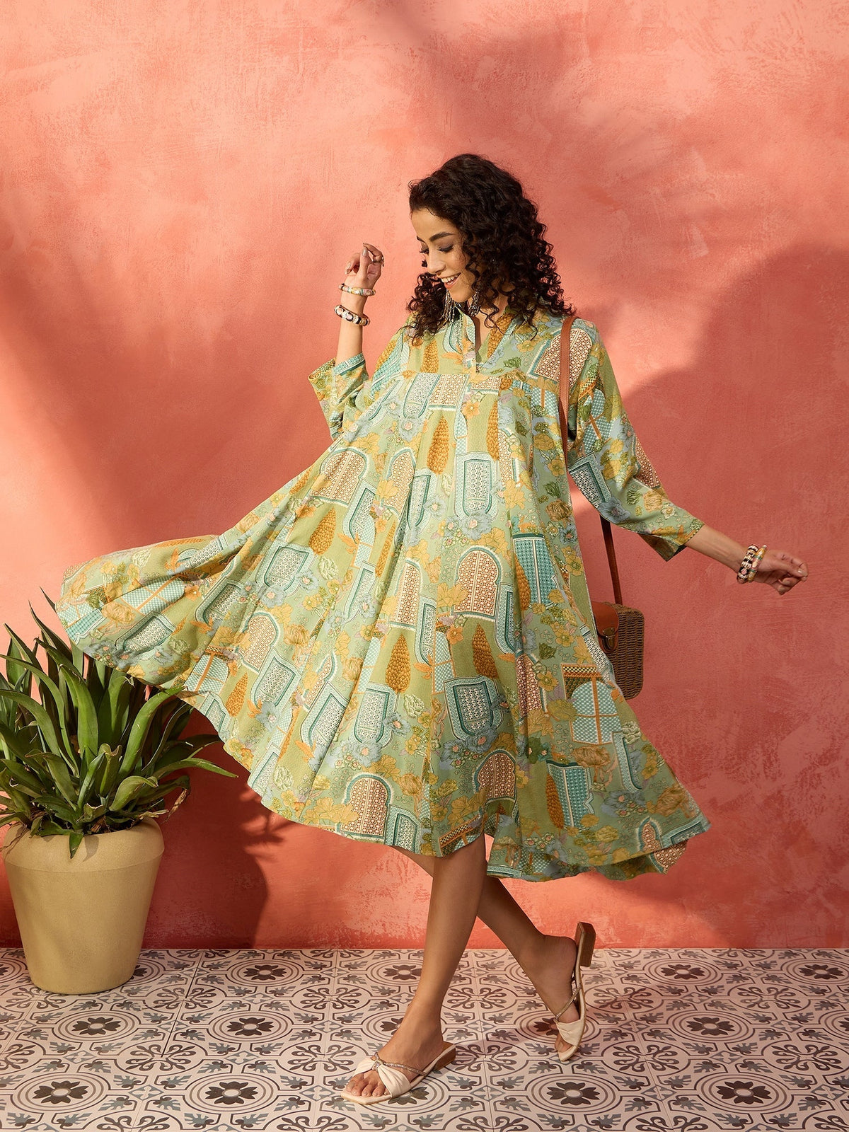 InWeave Pear Green Window Floral Flared Collar Dress | Grocsy
