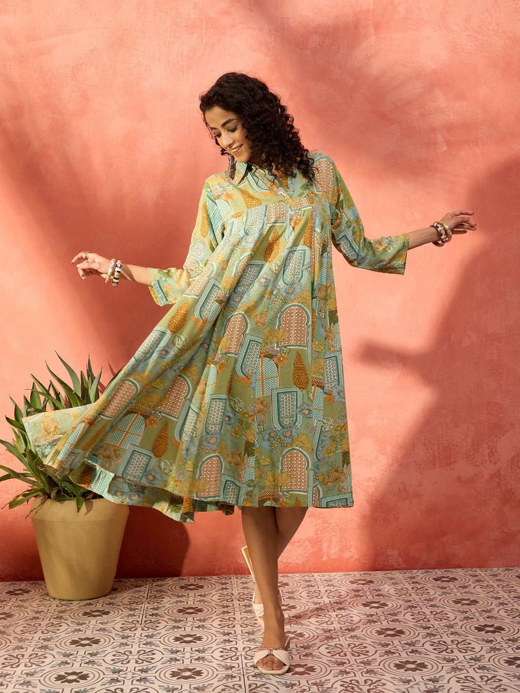 InWeave Pear Green Window Floral Flared Collar Dress | Grocsy