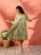 InWeave Pear Green Window Floral Flared Collar Dress | Grocsy